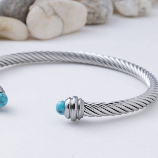 Sorvella Non-Tarnish Stainless Turquoise Twisted Bangle Braclet: Silver