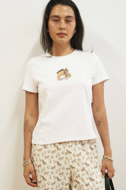 Horse Embroidered Baby Tee: Off White / L