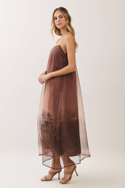 Aurelia Scenic Print Organza A-Line Maxi Dress: Brown