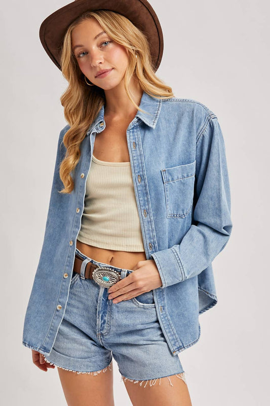 Carlisle Denim Button Down Oversized Shirt: Lt Wash