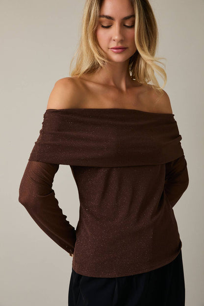 Grove Off Shoulder Long Sleeve Metallic Top: Brown