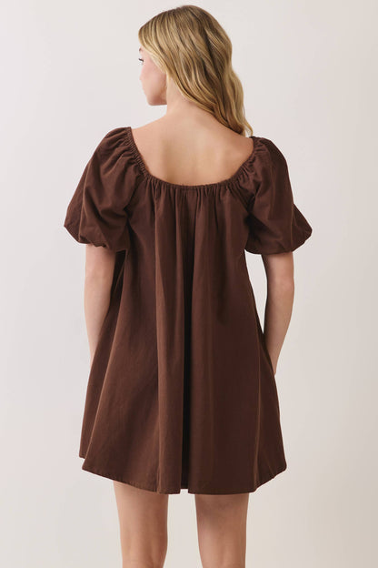 Bonnie Scoop Neck Puff Sleeve Babydoll Mini Dress: Chocolate