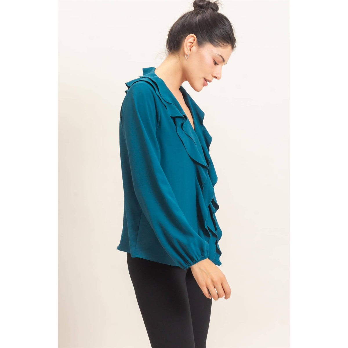 Ruffled V-Neck Button-Up Blouse: TEAL / S-M-L(2-2-2)