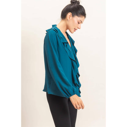 Ruffled V-Neck Button-Up Blouse: TEAL / S-M-L(2-2-2)