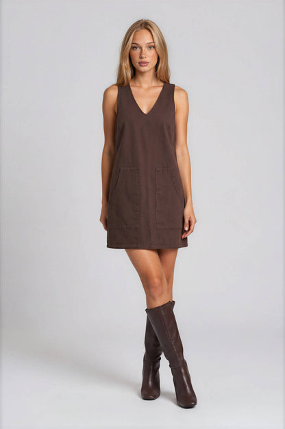 Hazel Denim V-Neck Pocket Mini Dress: Cocoa