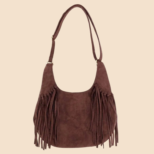 Rhea Faux Suede Fringe Hobo Bag: Chocolate Brown