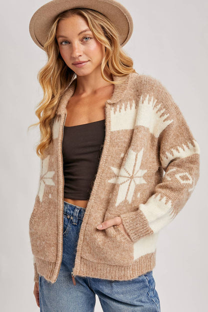 Fair Isle Fuzzy Knit Front Zipper Cardigan: Latte Combo