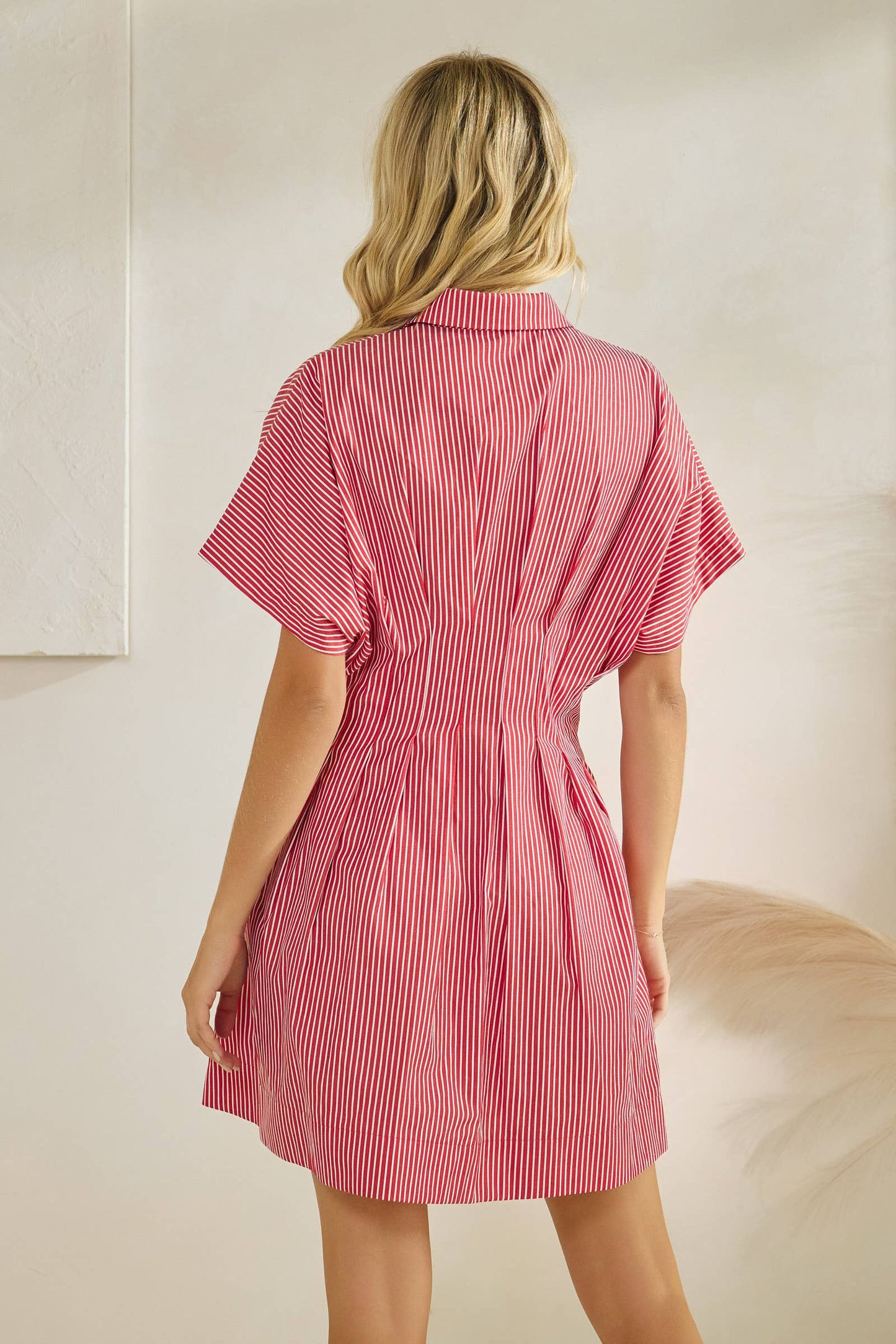 Harlow Button Down Pleated Shirt Stripe Dress: Red Stripe