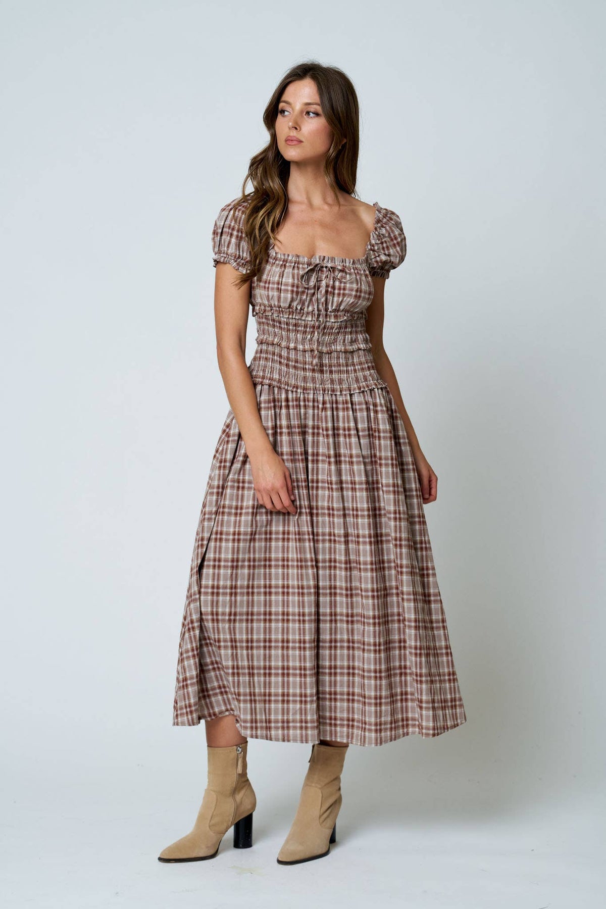 Maisie Plaid Puff Sleeve Smocked Waist A-Line Midi Dress: Khaki