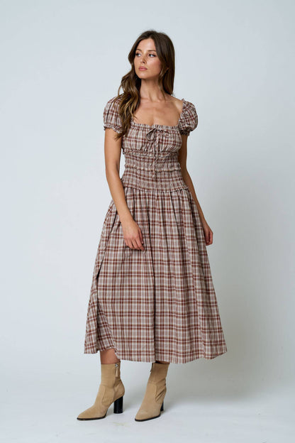 Maisie Plaid Puff Sleeve Smocked Waist A-Line Midi Dress: Khaki