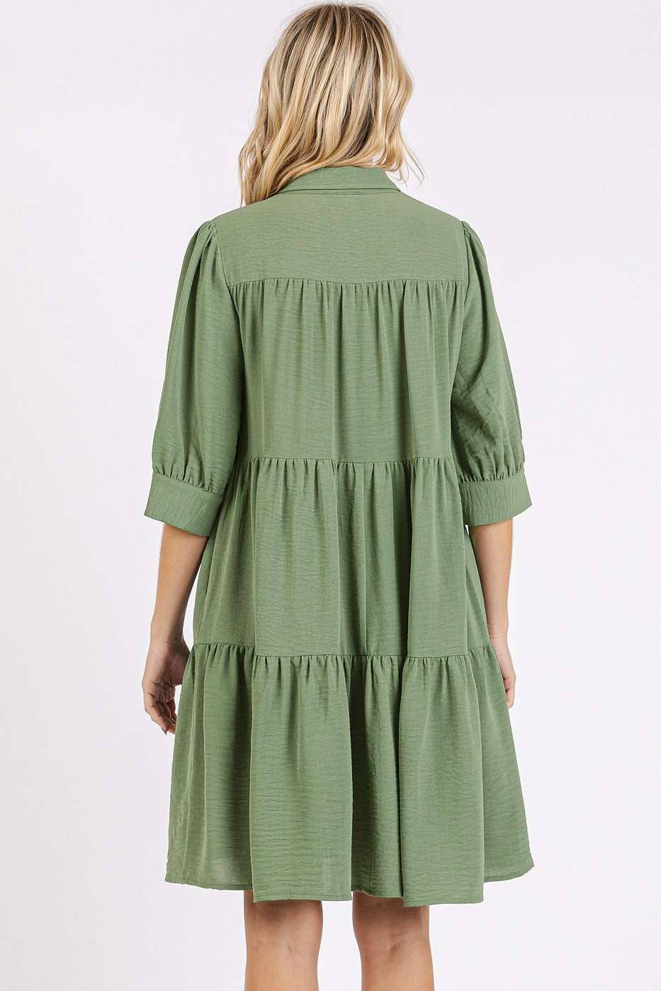 AIRFLOW RUFFLE TIER BUTTONED MINI SHIRT DRESS: SAGE / S-M-L(2-2-2)