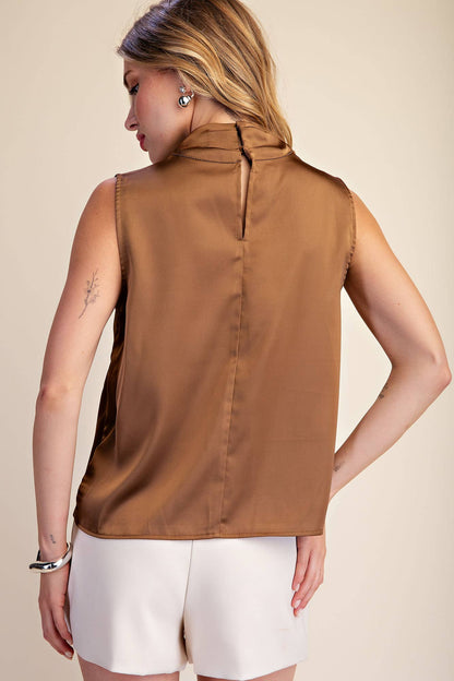 Esme Draped Mock Neck Sleeveless Satin Top: Mocha