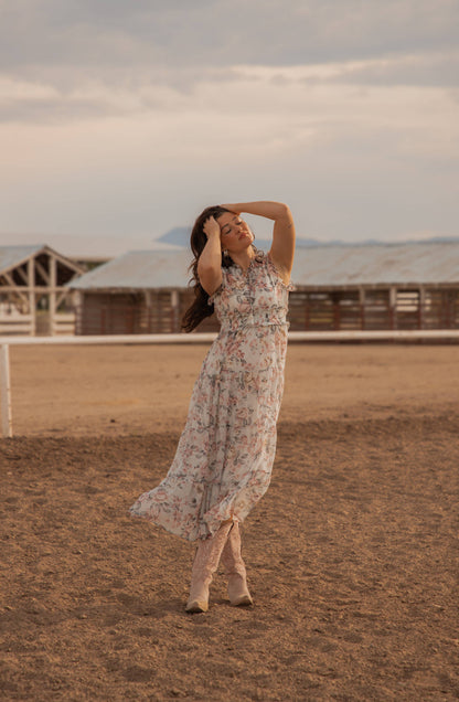 Colette Western print Woven long Dress: Floral Blue/Pink