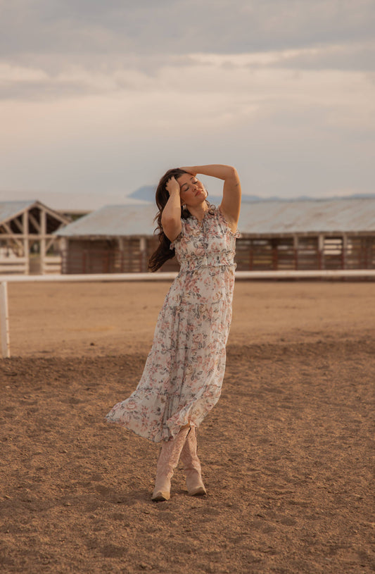 Colette Western print Woven long Dress: Floral Blue/Pink