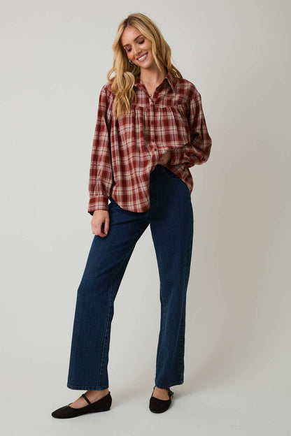 Maren Balloon Sleeve Button Up Plaid Flannel Shirt: Rust - multi Plaid