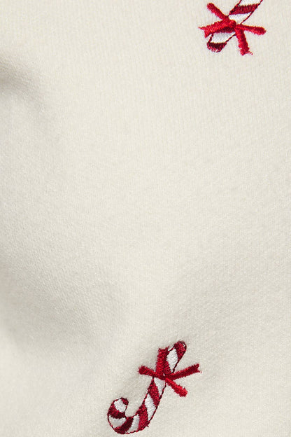 Embroidered Candy Cane Button Up Sweater Cardigan: CREAM