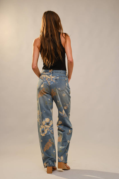 Wildflower Floral Print Wide Leg Jeans: DENIM MULTI