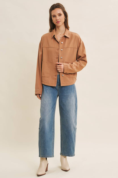 One of a Kind Washed Cotton Twill Utility Jacket: Camel