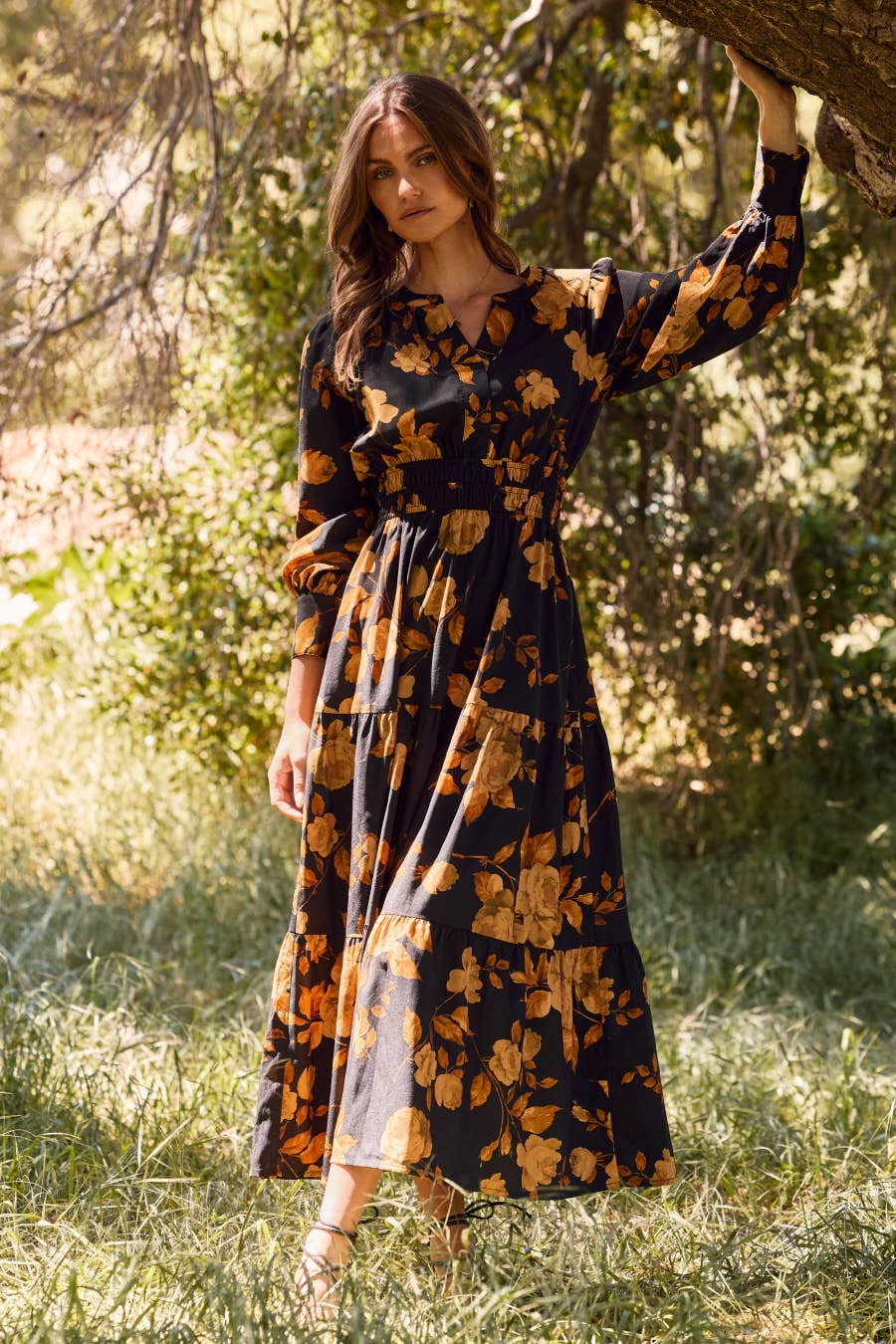 Rusty Rose Floral Printed Tiered Maxi Dress: Black Multi