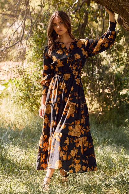 Rusty Rose Floral Printed Tiered Maxi Dress: Black Multi