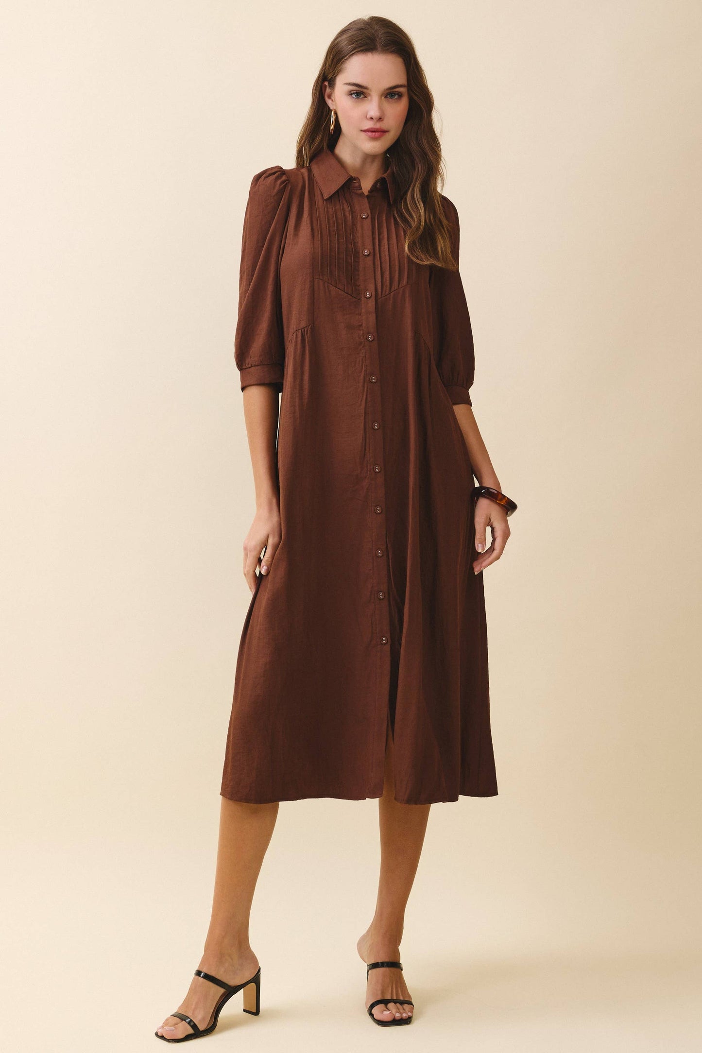 Pintuck Detail Collared Neck Button Down Mid Dress: Brown