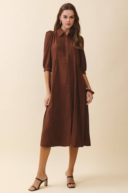 Pintuck Detail Collared Neck Button Down Mid Dress: Brown