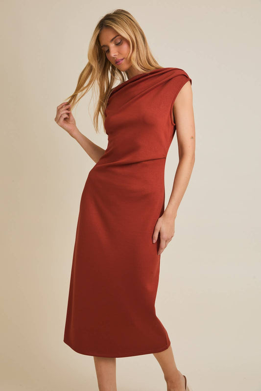 Ophelia One Shoulder Sleeveless Midi Dress: Rust