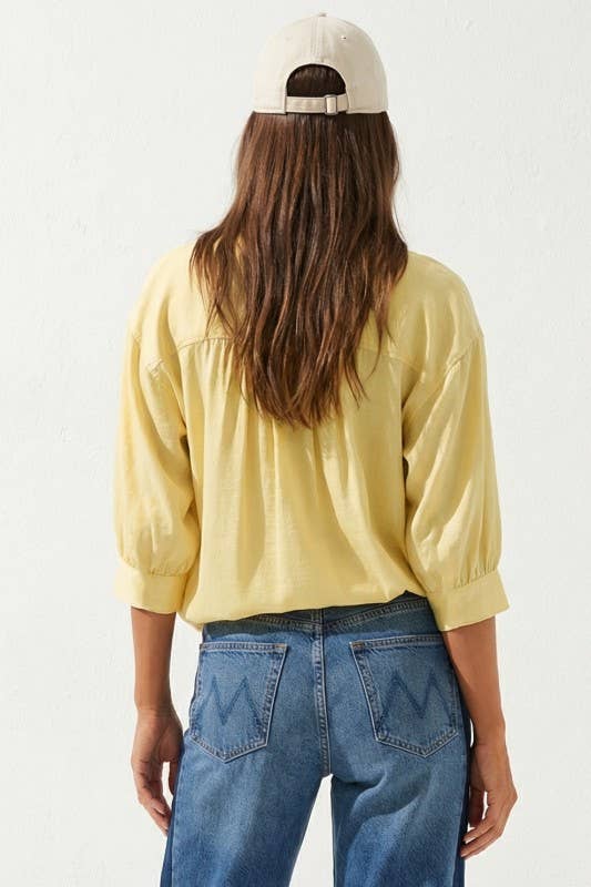 Foster Oversized 3/4 Sleeve Button Up Blouse: Pale Banana