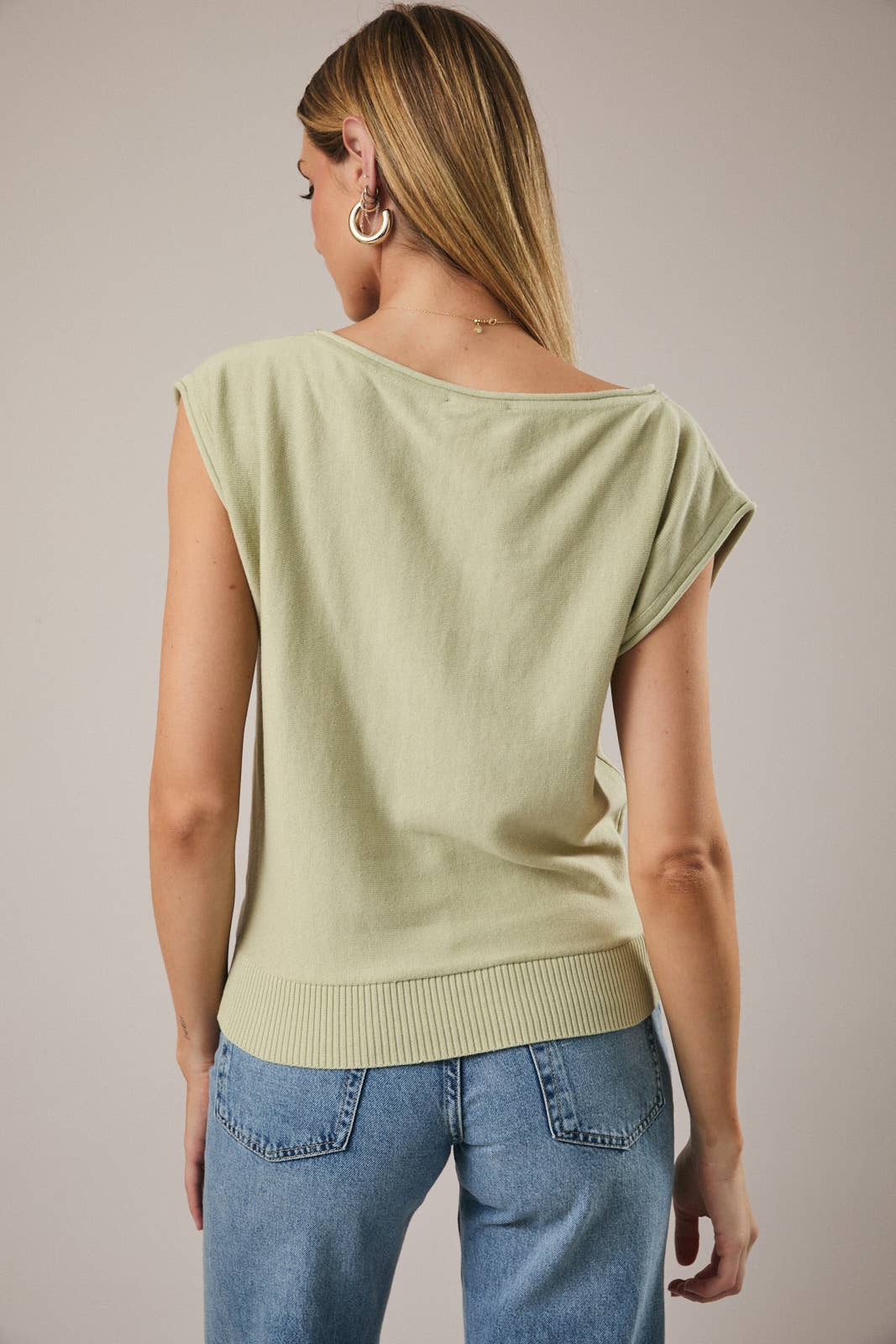 Mae Boat Neck Wide Shoulder Knit Top: Sage Green
