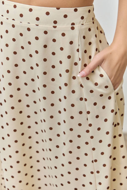 Chestnut Classic Polka Dot Flowing Midi Skirt: CREAM/BROWN
