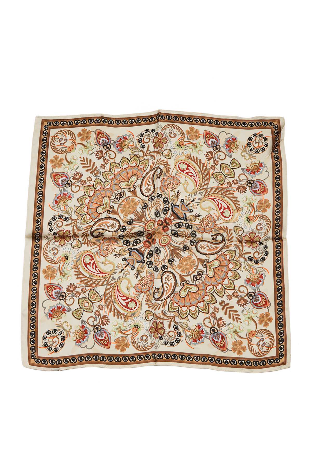 SQUARE ORNAMENT WITH FLOWERS PRINT BANDANA SCARF IS1047: Khaki