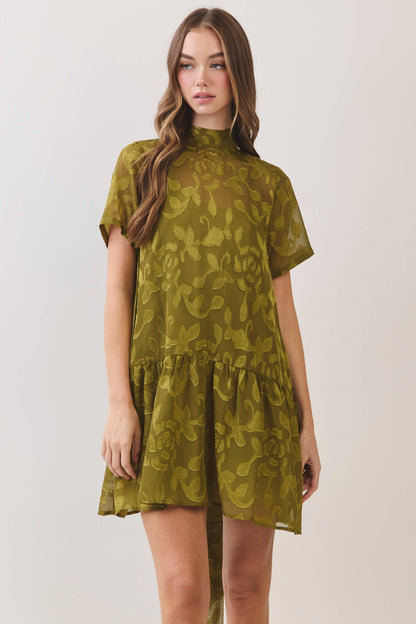 Lenora Floral Jacquard Mock Neck Short Sleeve Mini Dress: Olive