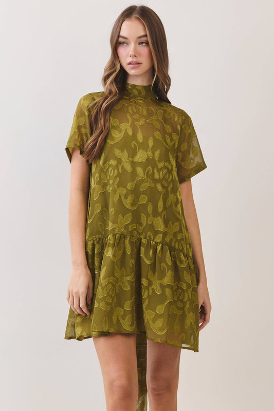 Lenora Floral Jacquard Mock Neck Short Sleeve Mini Dress: Olive
