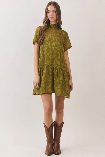 Lenora Floral Jacquard Mock Neck Short Sleeve Mini Dress: Olive