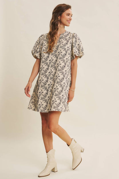 Patsy Textured Floral Mini A-Line Dress with Bubble Sleeves: Vanilla