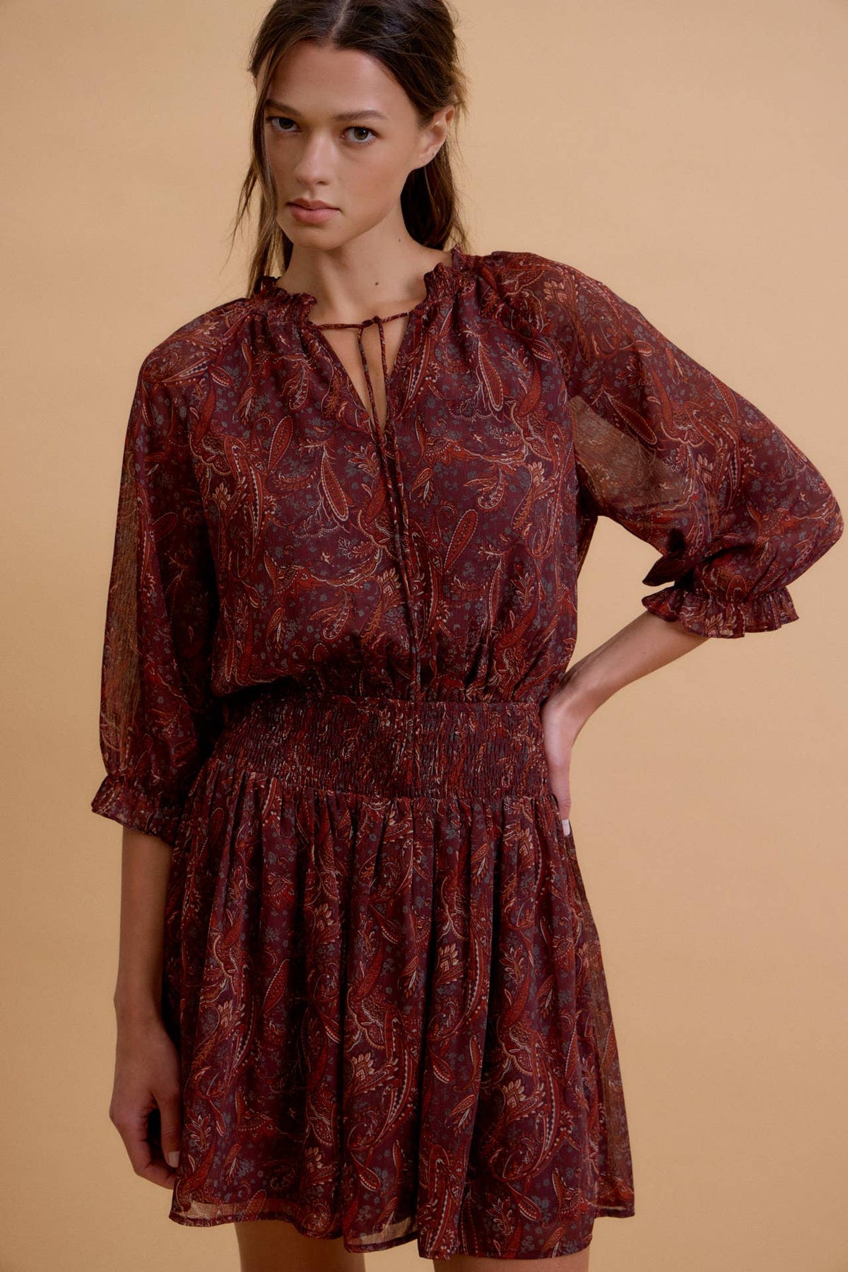 Vivienne Boho Chiffon Mini Dress: Wine