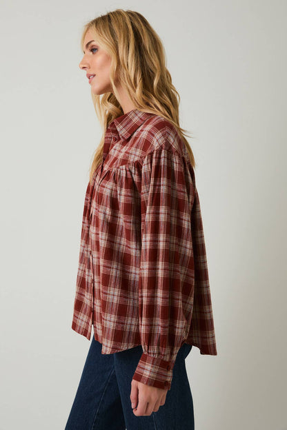 Maren Balloon Sleeve Button Up Plaid Flannel Shirt: Rust - multi Plaid