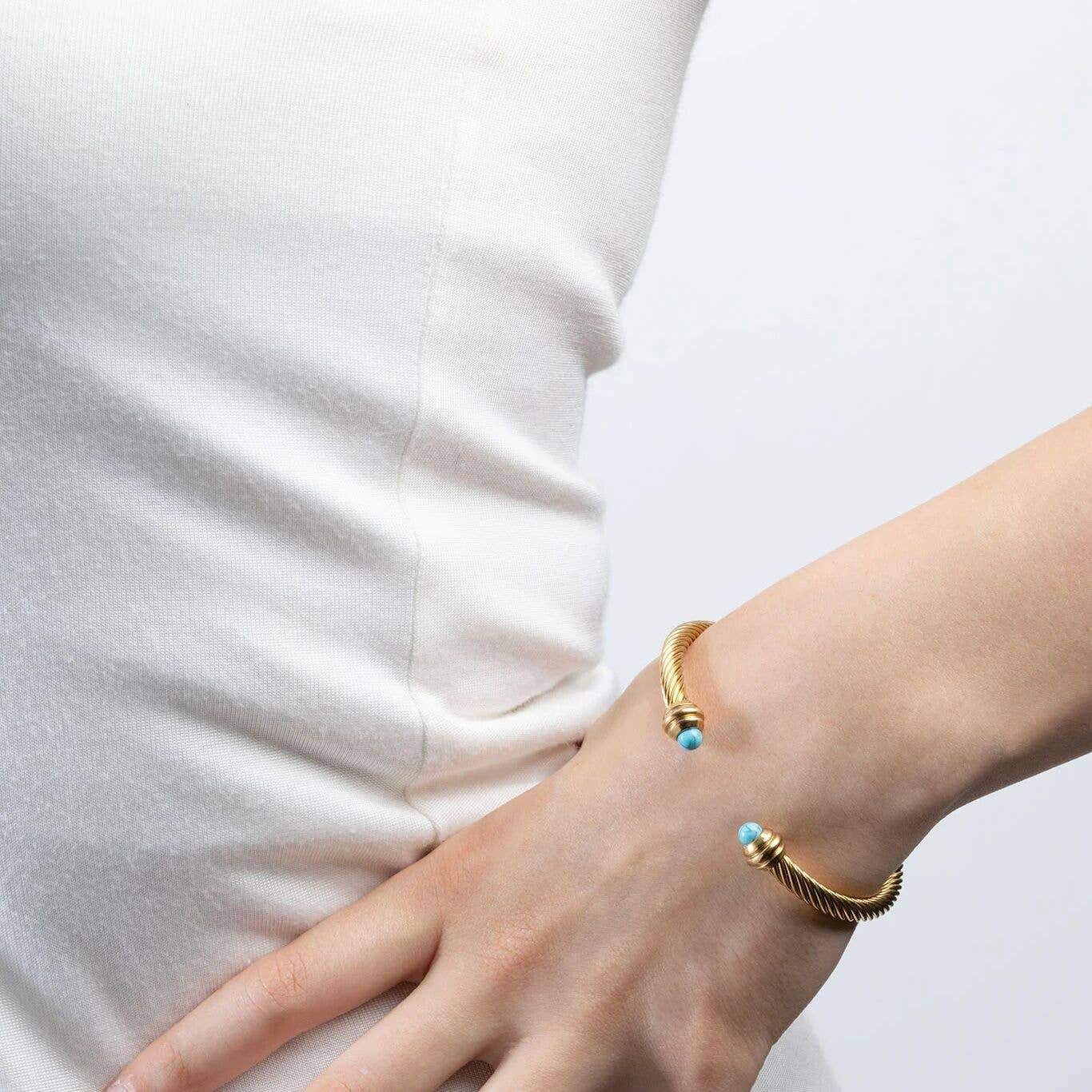 18K Gold PVD Stainless Turquoise Twisted Bangle Braclet: Gold