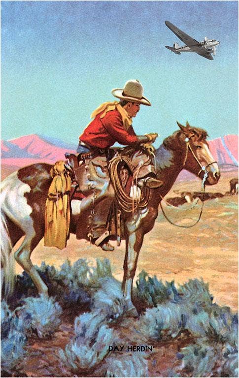 Art Print CB-183 Cowboy on Horse Watching Plane
