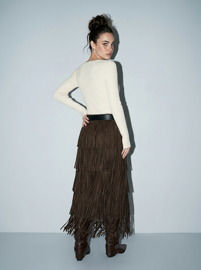 Pleated knit Fringe Layered Skirt with Belt : BROWN / S