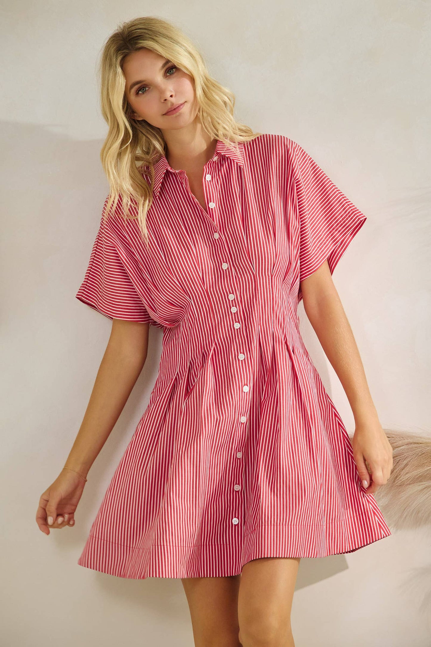 Harlow Button Down Pleated Shirt Stripe Dress: Red Stripe