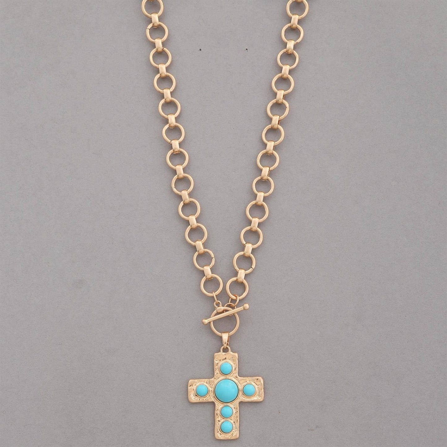 Turquoise Hammered Cross Gold Necklace