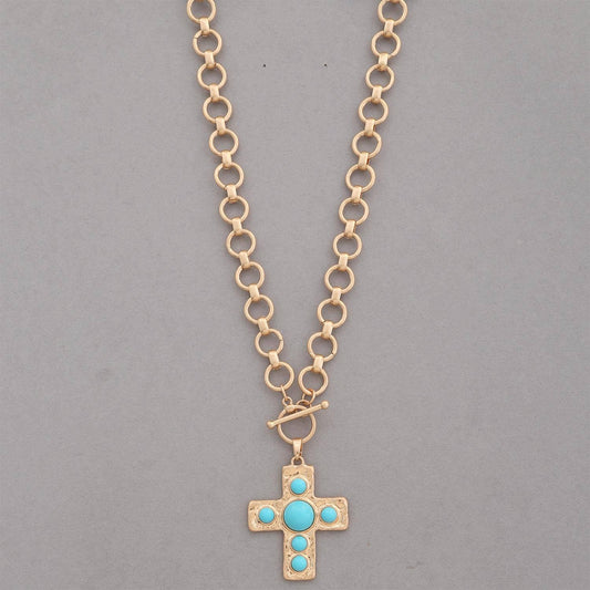 Turquoise Hammered Cross Gold Necklace