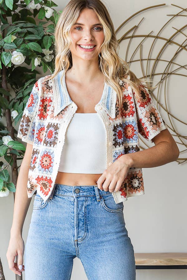 Floral Crochet Button Top