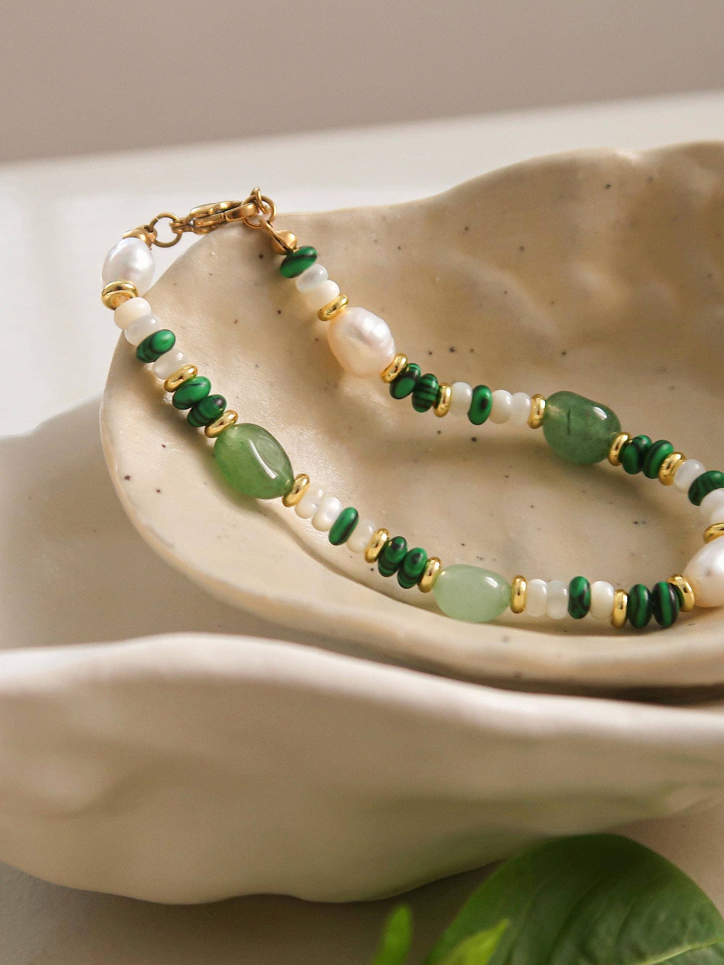 18K Bohemian Handmade Stone and Bead Bracelet: Faye-Green