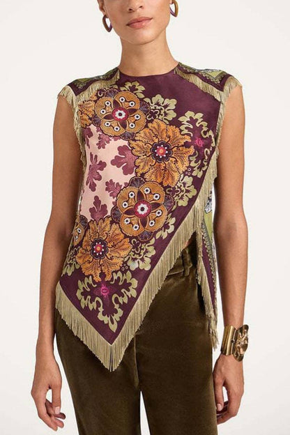 Cora Asymmetrical Fringe Cross Top: Wine