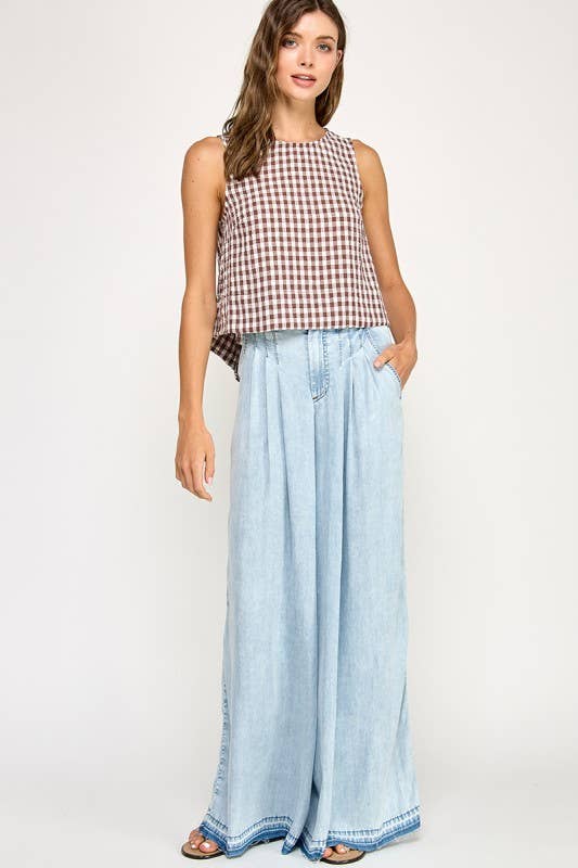 The Ginny Gingham Linen Tank: Mocha Brown