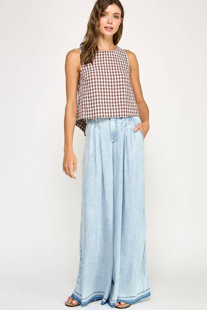 The Ginny Gingham Linen Tank: Mocha Brown
