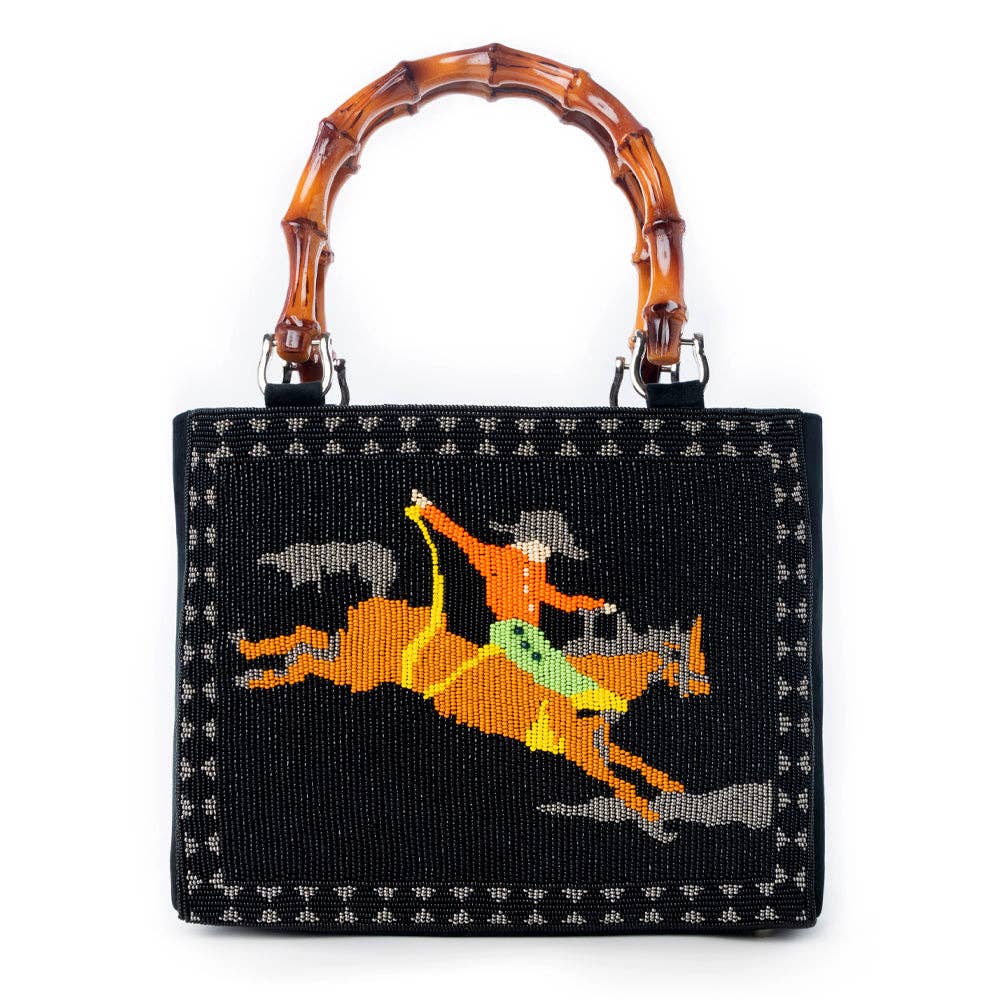 Eight Seconds Western hand beaded bag in black with bamboo handle and horse embroidery: Black