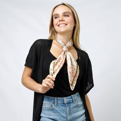 Floral Print Satin Square Scarf/Headwrap/Tube top: Beige Floral